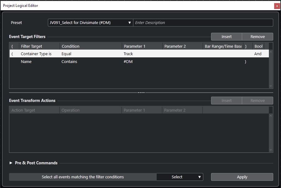 Project Logical Editor in Cubase