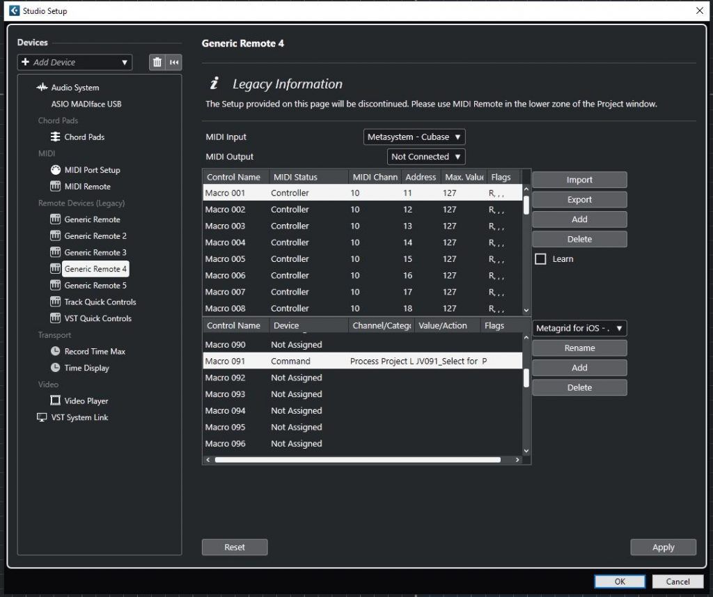 Remote Settings in Cubase