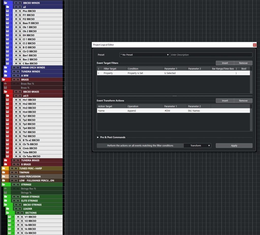 Cubase Session showing the project logical editor