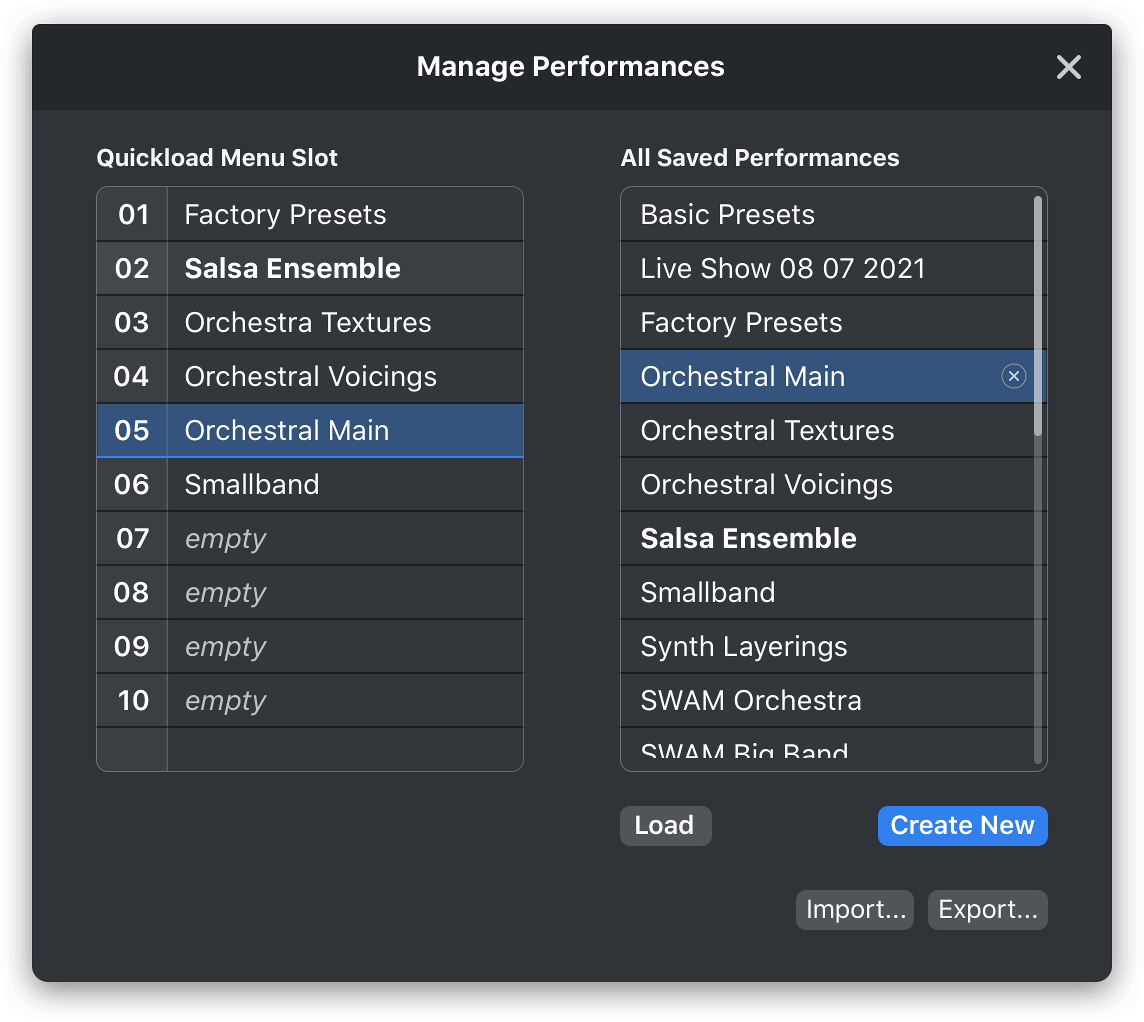 Save and export different layouts of presets in the Performance Manager